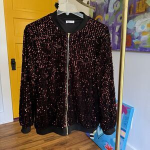 in'voland Red & Black SequinLong Sleeve Lined Zip Front Jacket, Size 20W